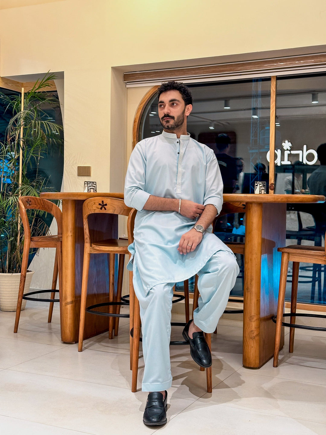 Muraqsh Ready To Wear Embroidered Cotton Men Formal Sky Blue Kurta Shalwar Collar Neck MUR-FSBKS - Summer Collection