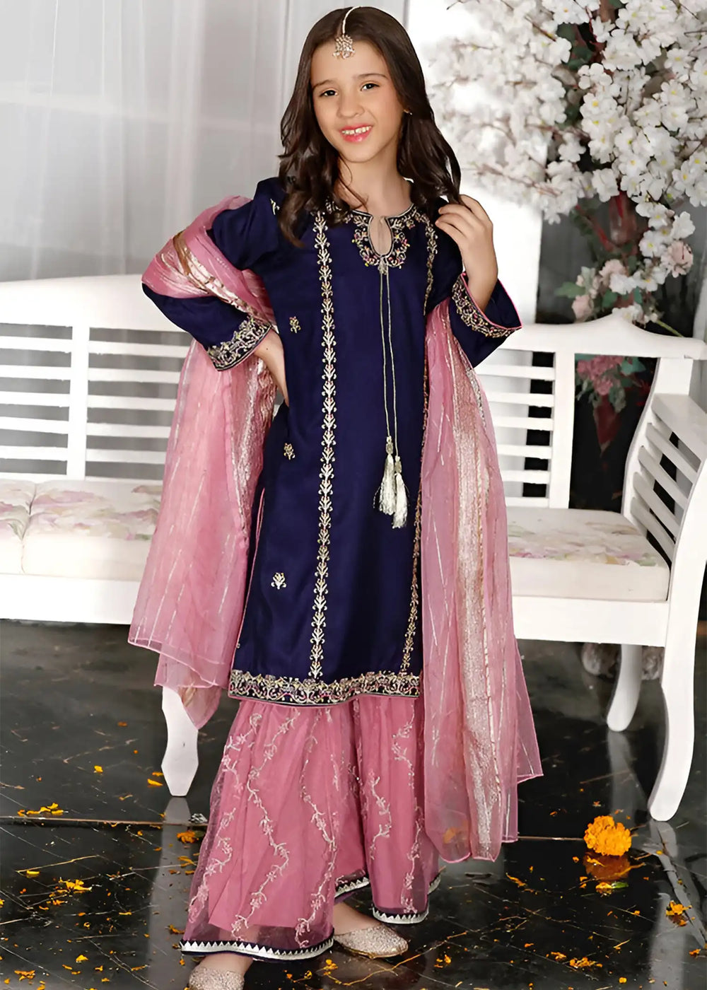 Modest Girls RTW Embroidered Silk 3 Piece Suit Gharara Outfit Wedding Collection