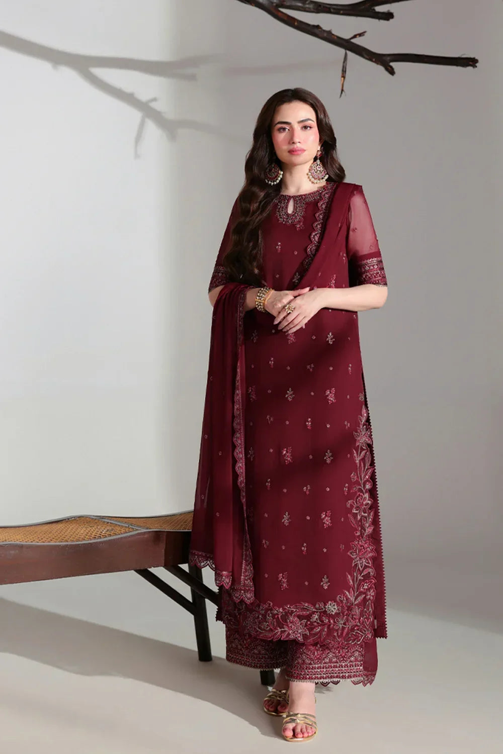 Ensembles by Azure Unstitched Embroidered Chiffon 3 Piece Suit AZ26UEF Ruby Rogue - Festive Collection
