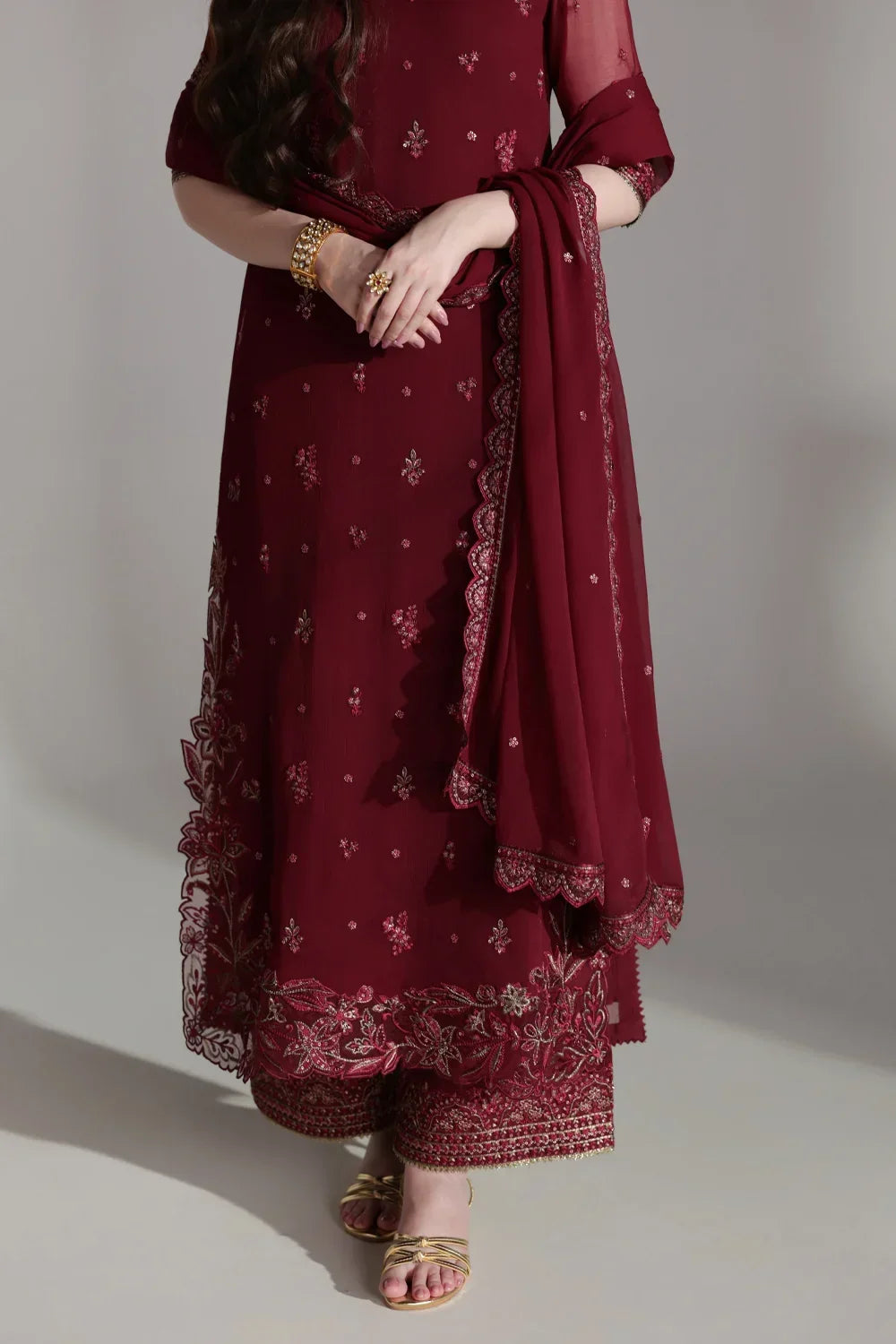 Ensembles by Azure Unstitched Embroidered Chiffon 3 Piece Suit AZ26UEF Ruby Rogue - Festive Collection