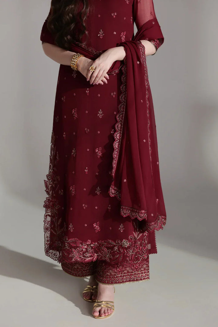Ensembles by Azure Unstitched Embroidered Chiffon 3 Piece Suit AZ26UEF Ruby Rogue - Festive Collection