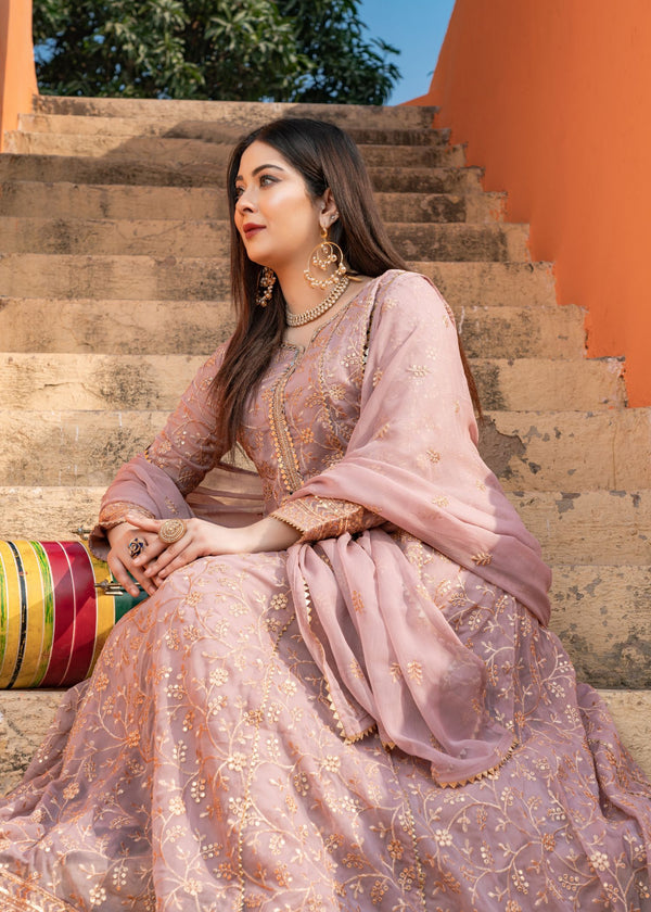 Unss Apparel Women Pret Embroidered Chiffon 3 Piece Suit Haani Tea Pink - Festive Collection