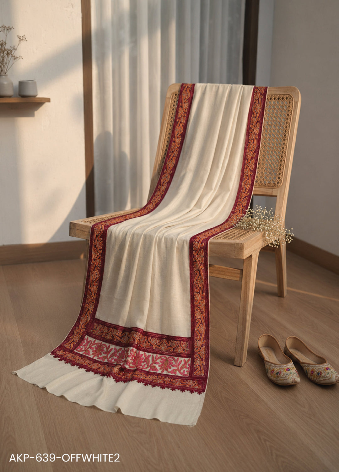 Sanaulla Exclusive Range RTW Embroidered Woven Shawl AKP-639-OFFWHITE2 - Winter Collection