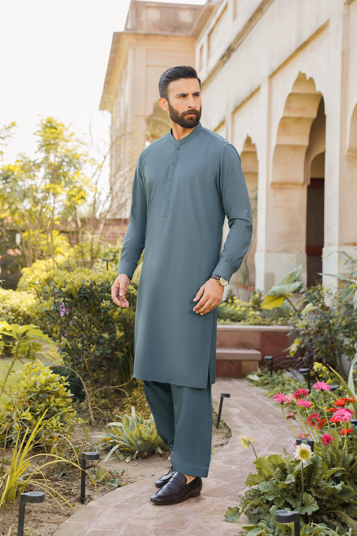 Divinely Crafted Men Ready To Wear Solids Cotton Shalwar Kameez Alpine Green - Summer Collection