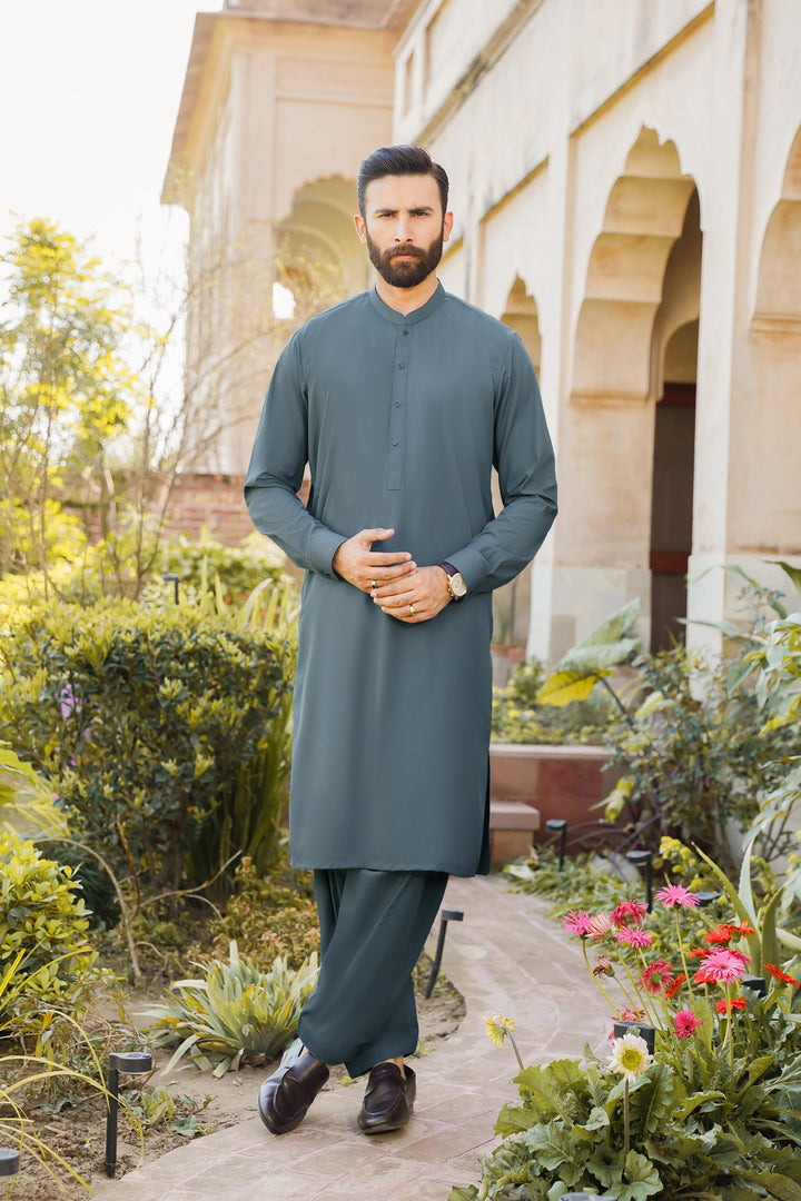 Divinely Crafted Men Ready To Wear Solids Cotton Shalwar Kameez Alpine Green - Summer Collection