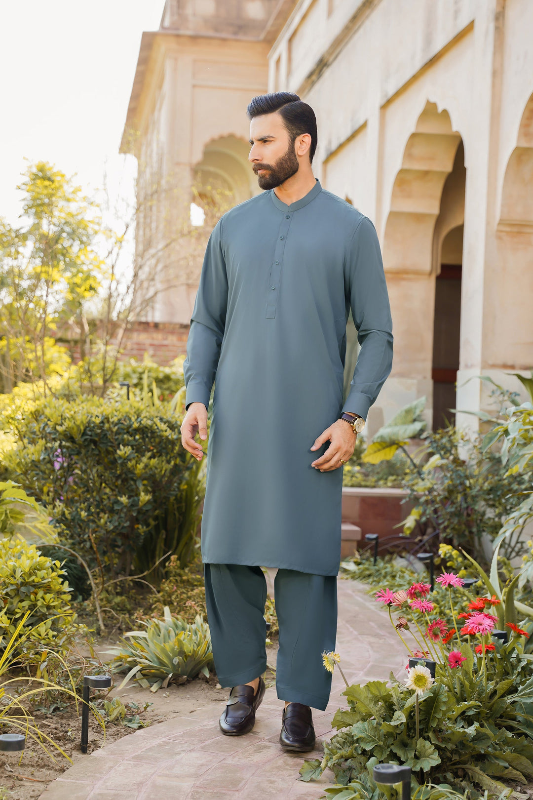 Divinely Crafted Men Ready To Wear Solids Cotton Shalwar Kameez Alpine Green - Summer Collection