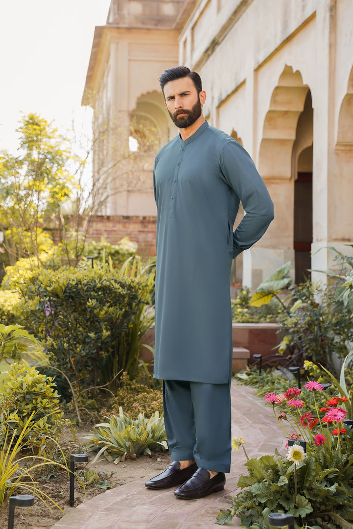 Divinely Crafted Men Ready To Wear Solids Cotton Shalwar Kameez Alpine Green - Summer Collection