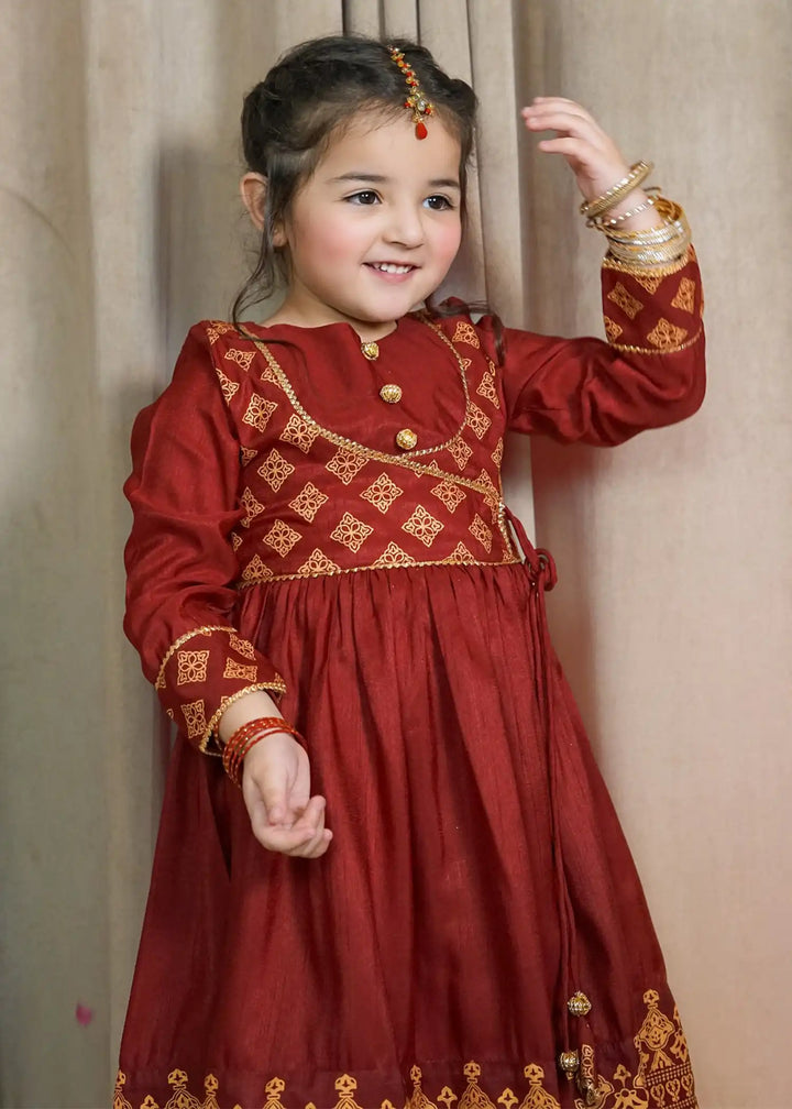 Modest Girls RTW Printed Silk 3 Piece Suit Maroon Wedding Collection
