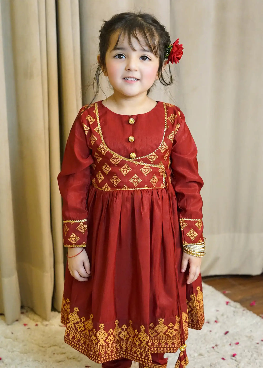 Modest Girls RTW Printed Silk 3 Piece Suit Maroon Wedding Collection