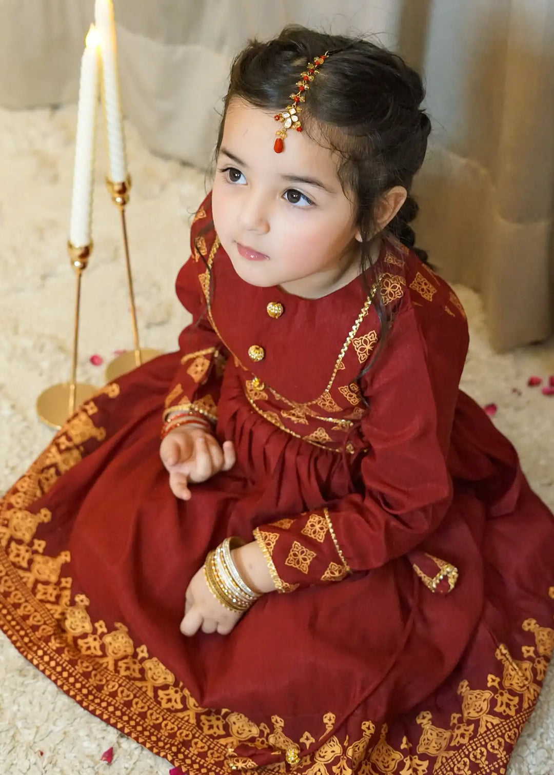 Modest Girls RTW Printed Silk 3 Piece Suit Maroon Wedding Collection