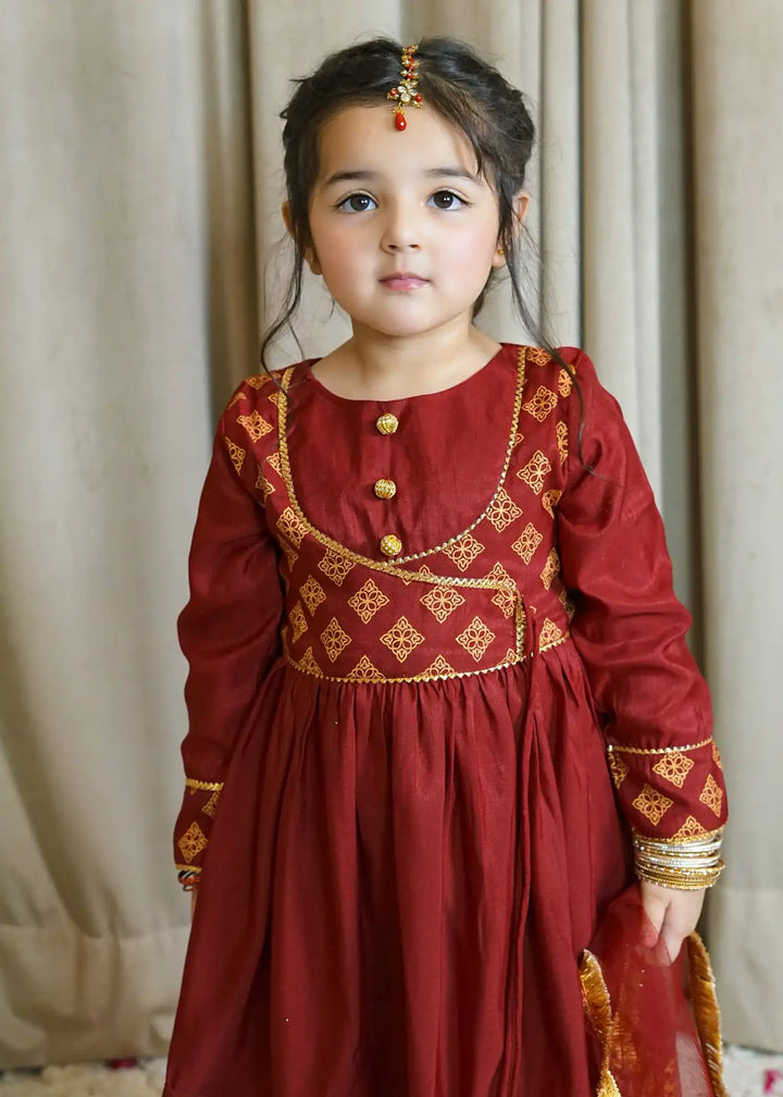 Modest Girls RTW Printed Silk 3 Piece Suit Maroon Wedding Collection