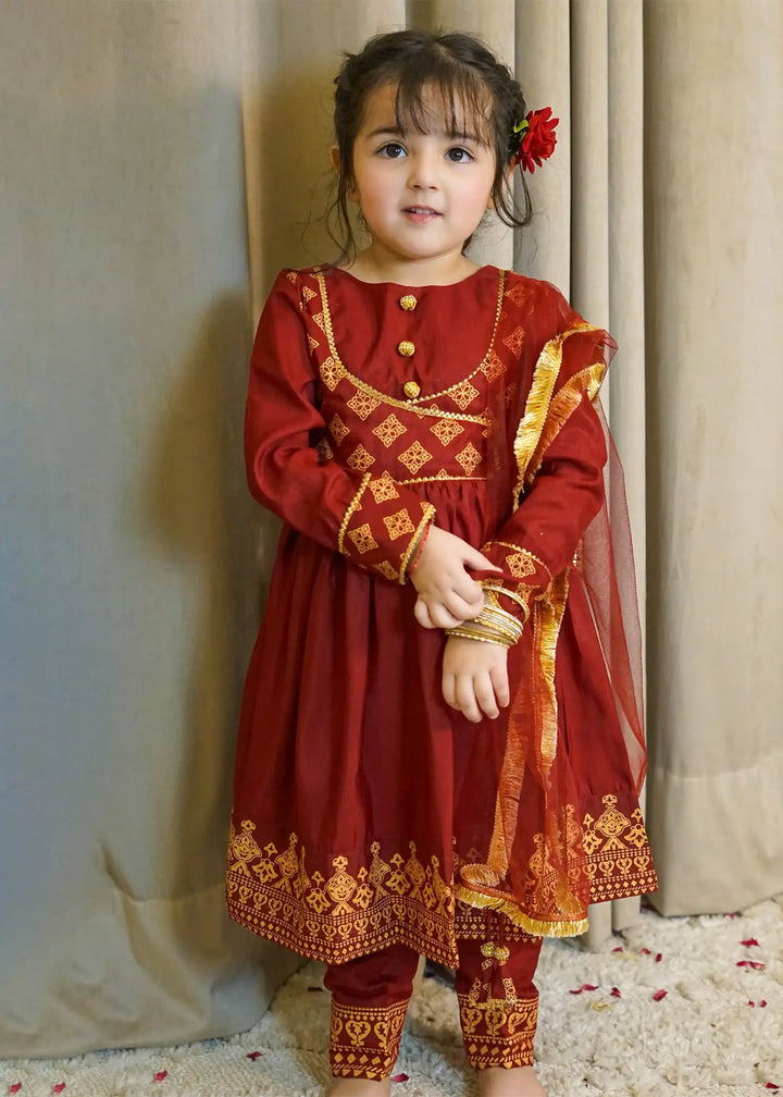 Modest Girls RTW Printed Silk 3 Piece Suit Maroon Wedding Collection