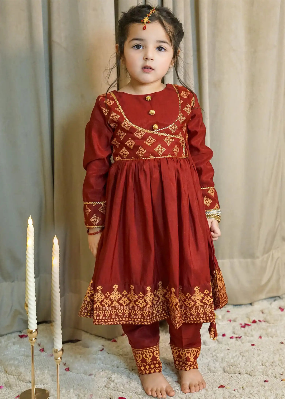Modest Girls RTW Printed Silk 3 Piece Suit Maroon Wedding Collection