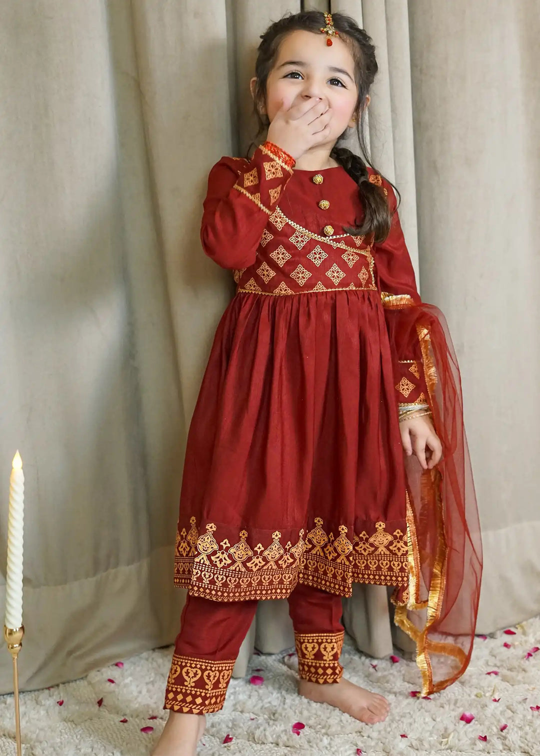 Modest Girls RTW Printed Silk 3 Piece Suit Maroon Wedding Collection