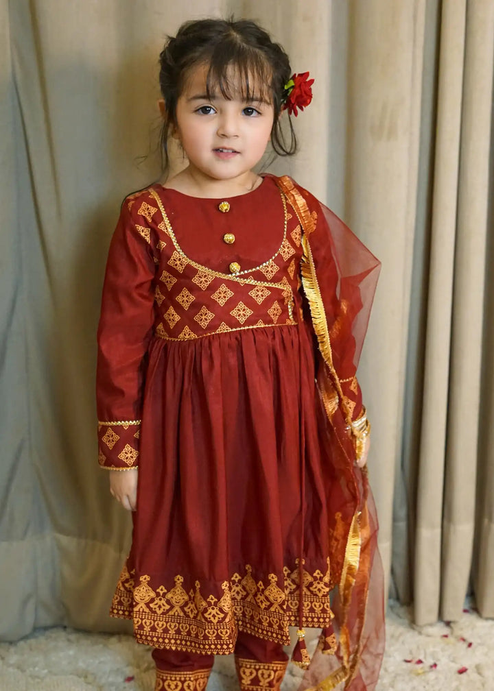 Modest Girls RTW Printed Silk 3 Piece Suit Maroon Wedding Collection