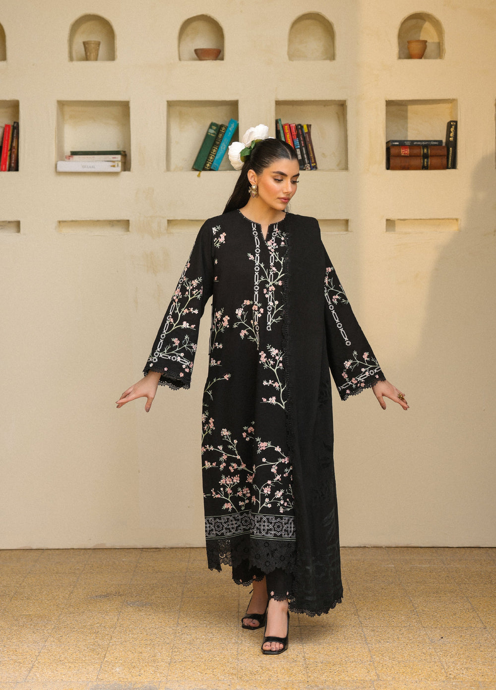 Sahar Embroidered Khaddar Suits Unstitched 3 Piece AW2-25-02 Moonlit Noir - Winter Collection