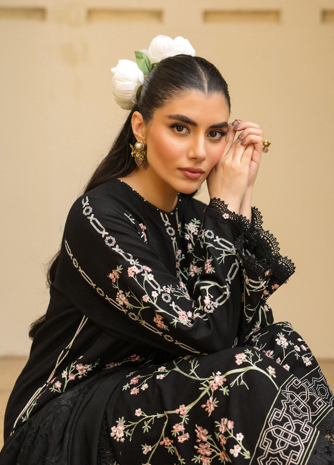 Sahar Embroidered Khaddar Suits Unstitched 3 Piece AW2-25-02 Moonlit Noir - Winter Collection