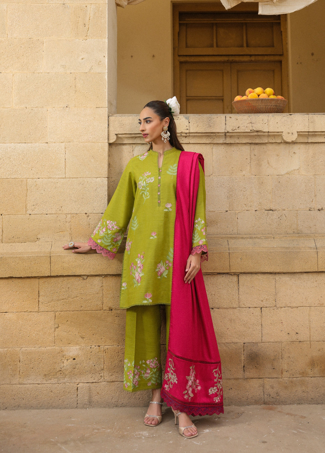 Sahar Embroidered Khaddar Suits Unstitched 3 Piece AW2-25-04 Fuchsia Sage - Winter Collection