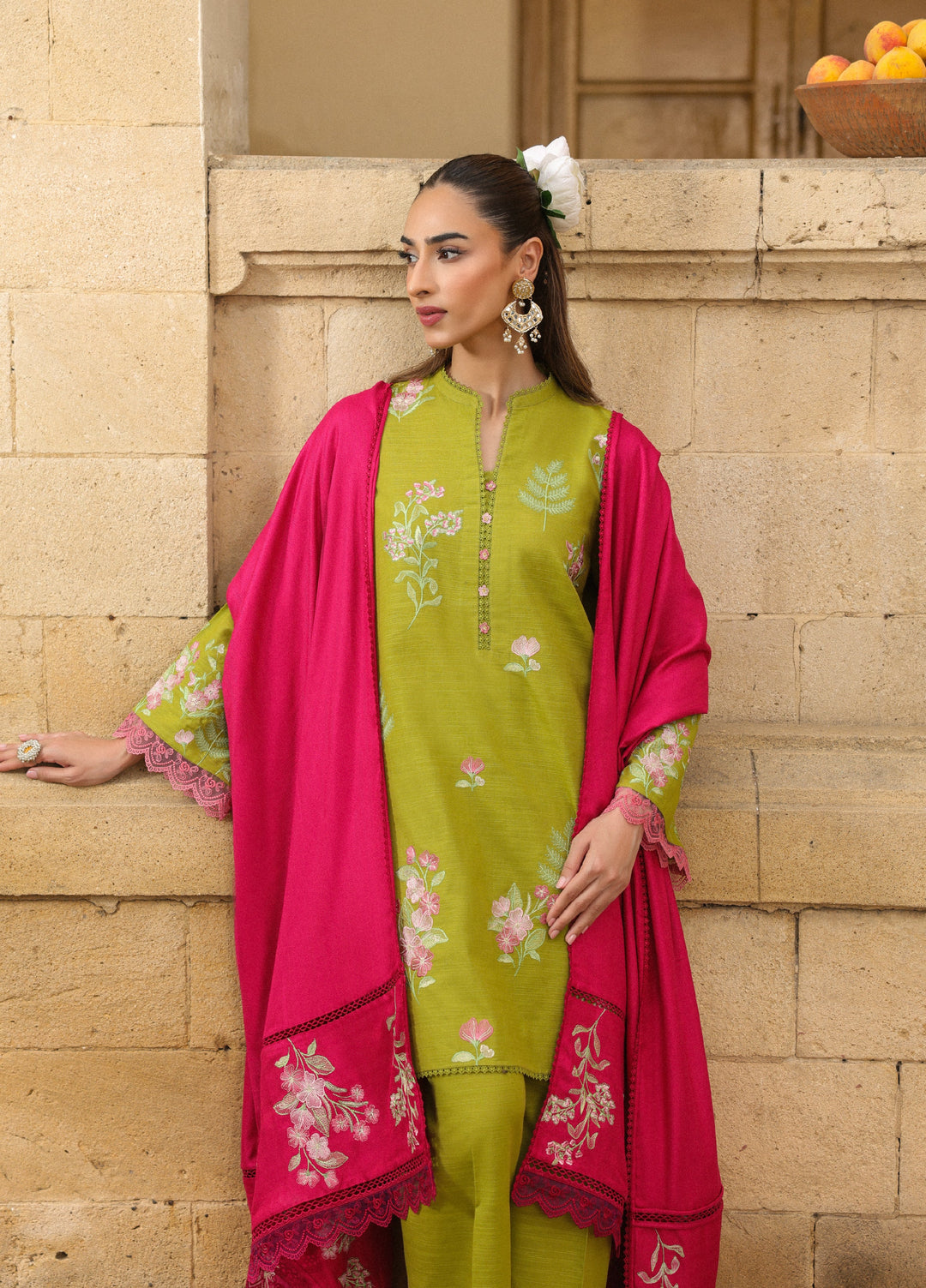 Sahar Embroidered Khaddar Suits Unstitched 3 Piece AW2-25-04 Fuchsia Sage - Winter Collection