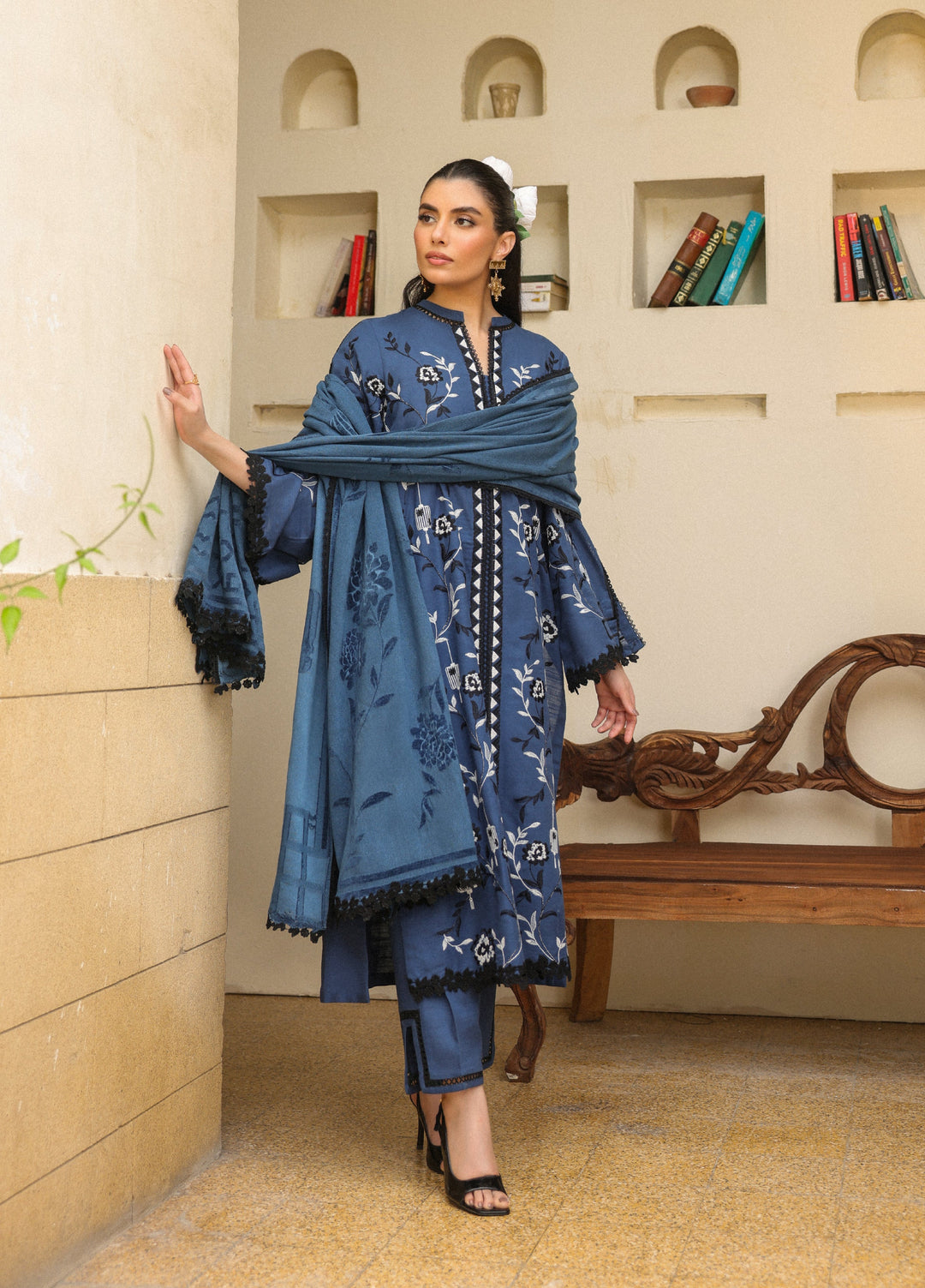 Sahar Embroidered Khaddar Suits Unstitched 3 Piece AW2-25-05 Azure Ash - Winter Collection