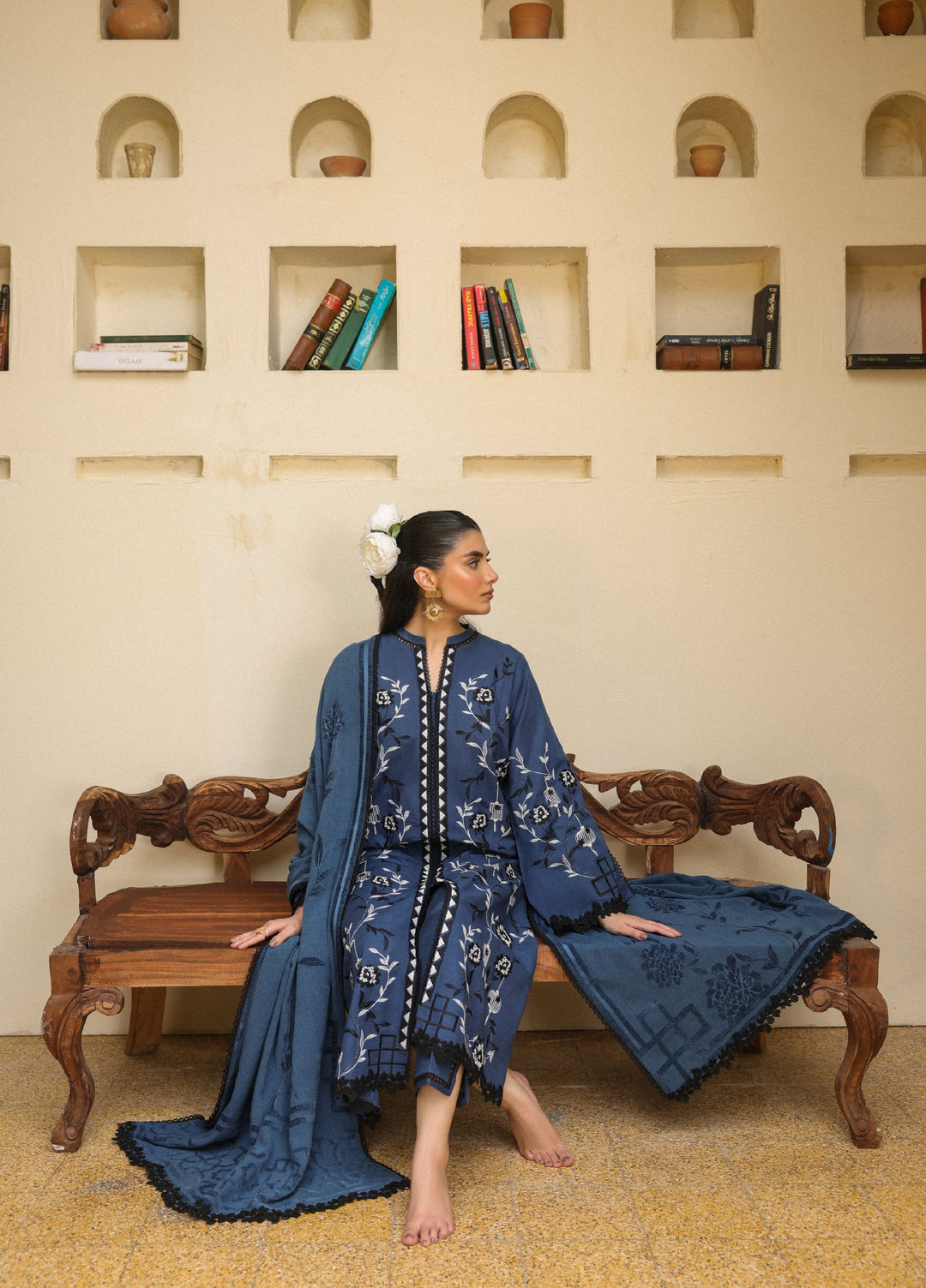 Sahar Embroidered Khaddar Suits Unstitched 3 Piece AW2-25-05 Azure Ash - Winter Collection