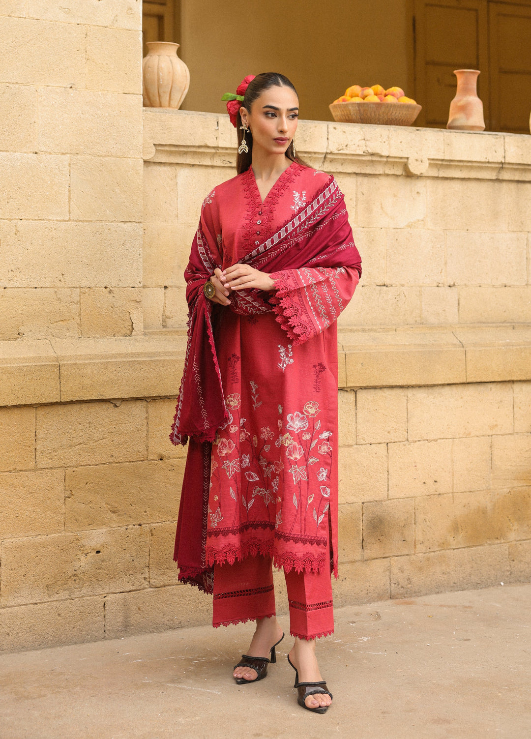 Sahar Embroidered Khaddar Suits Unstitched 3 Piece AW2-25-07 Vermilion  Glow - Winter Collection