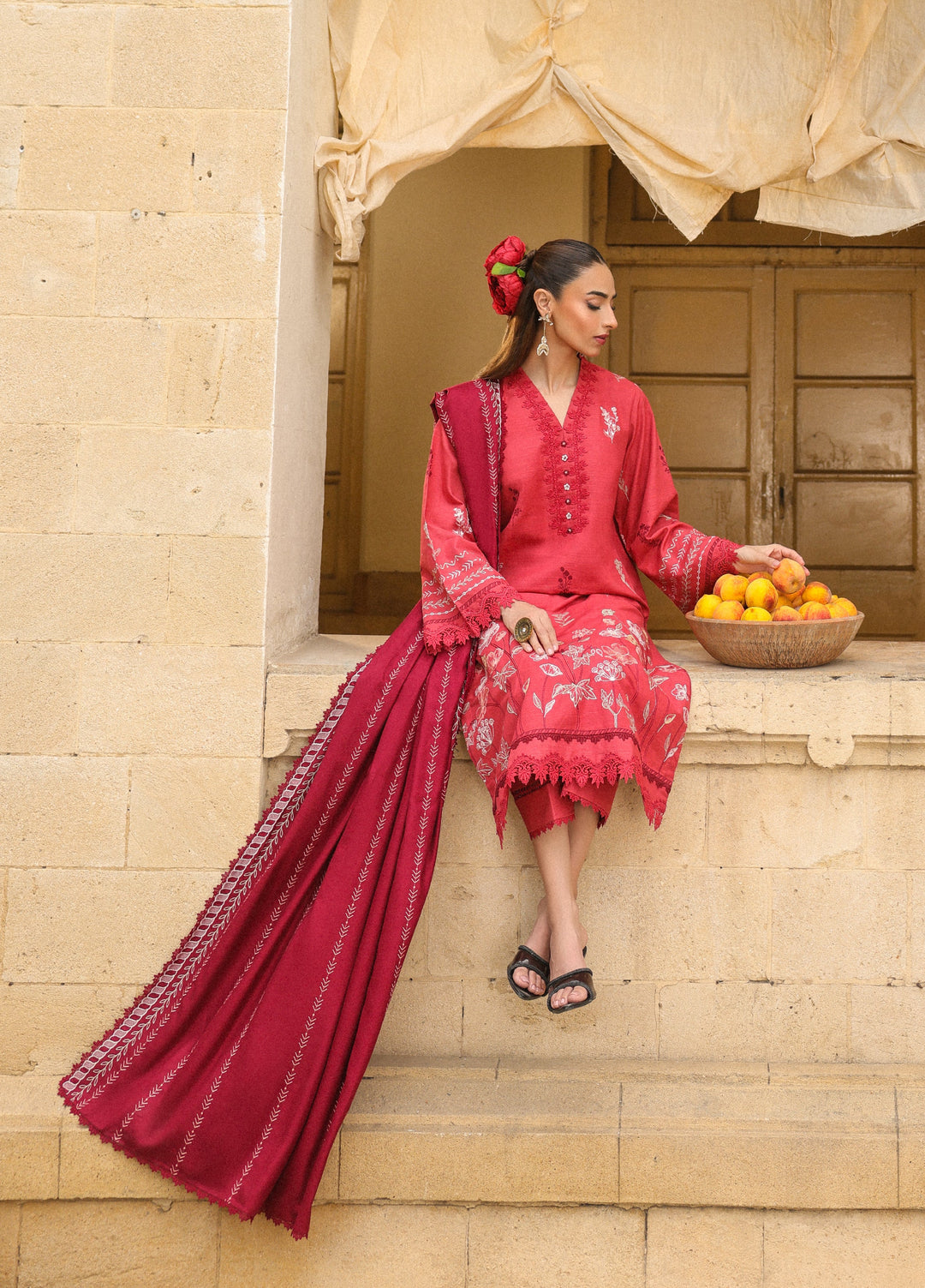 Sahar Embroidered Khaddar Suits Unstitched 3 Piece AW2-25-07 Vermilion  Glow - Winter Collection