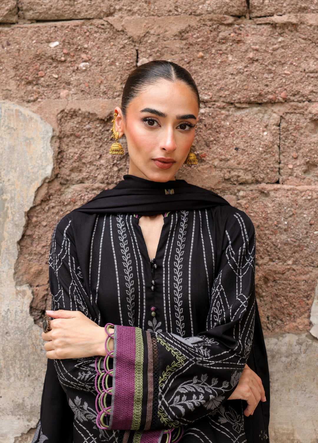 Sahar Printed Jacquard Suits Unstitched 3 Piece AW2-25-09 Velour Noir - Winter Collection