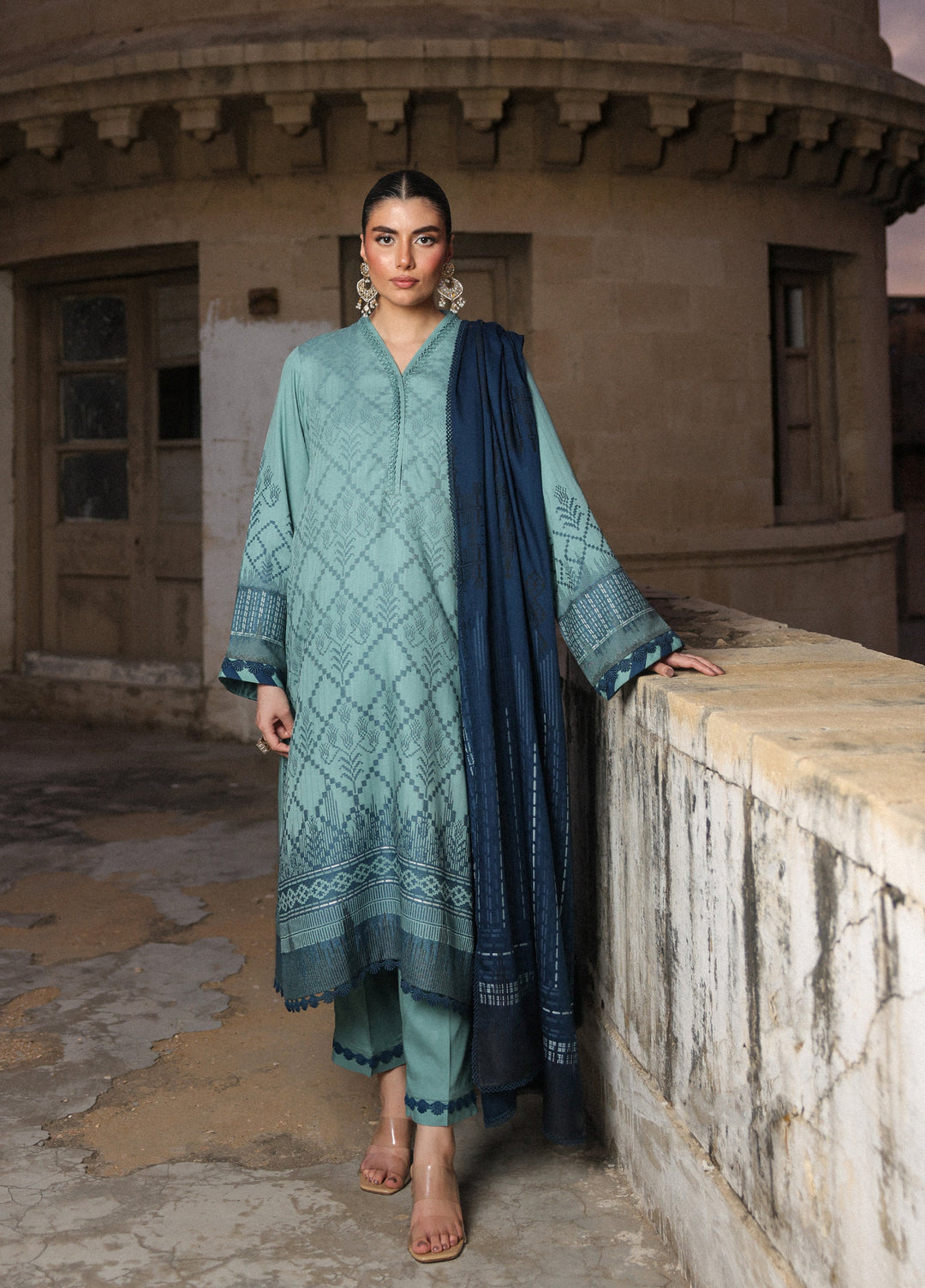 Sahar Printed Jacquard Suits Unstitched 3 Piece AW2-25-13 Mystic Emerald - Winter Collection