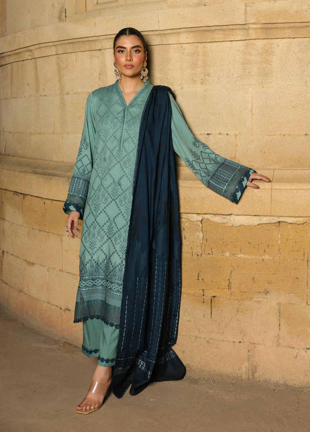 Sahar Printed Jacquard Suits Unstitched 3 Piece AW2-25-13 Mystic Emerald - Winter Collection