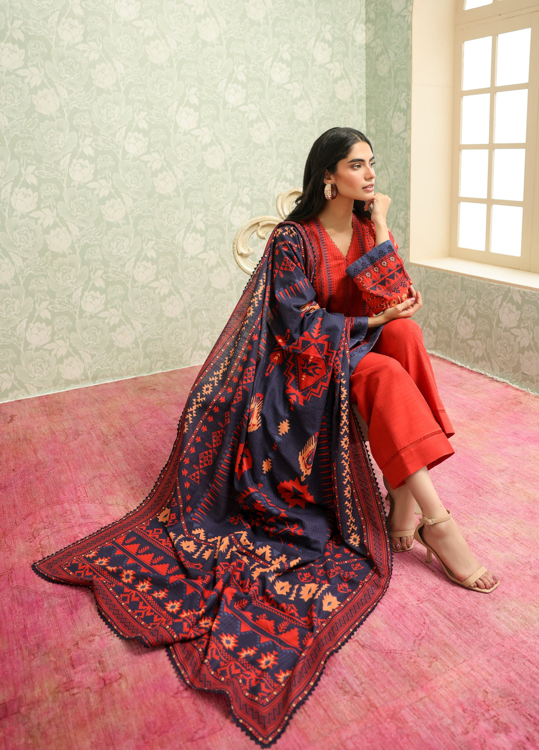 Sahar Printed Khaddar Suits Unstitched 3 Piece AW2-25-15 Aztec Flame - Winter Collection