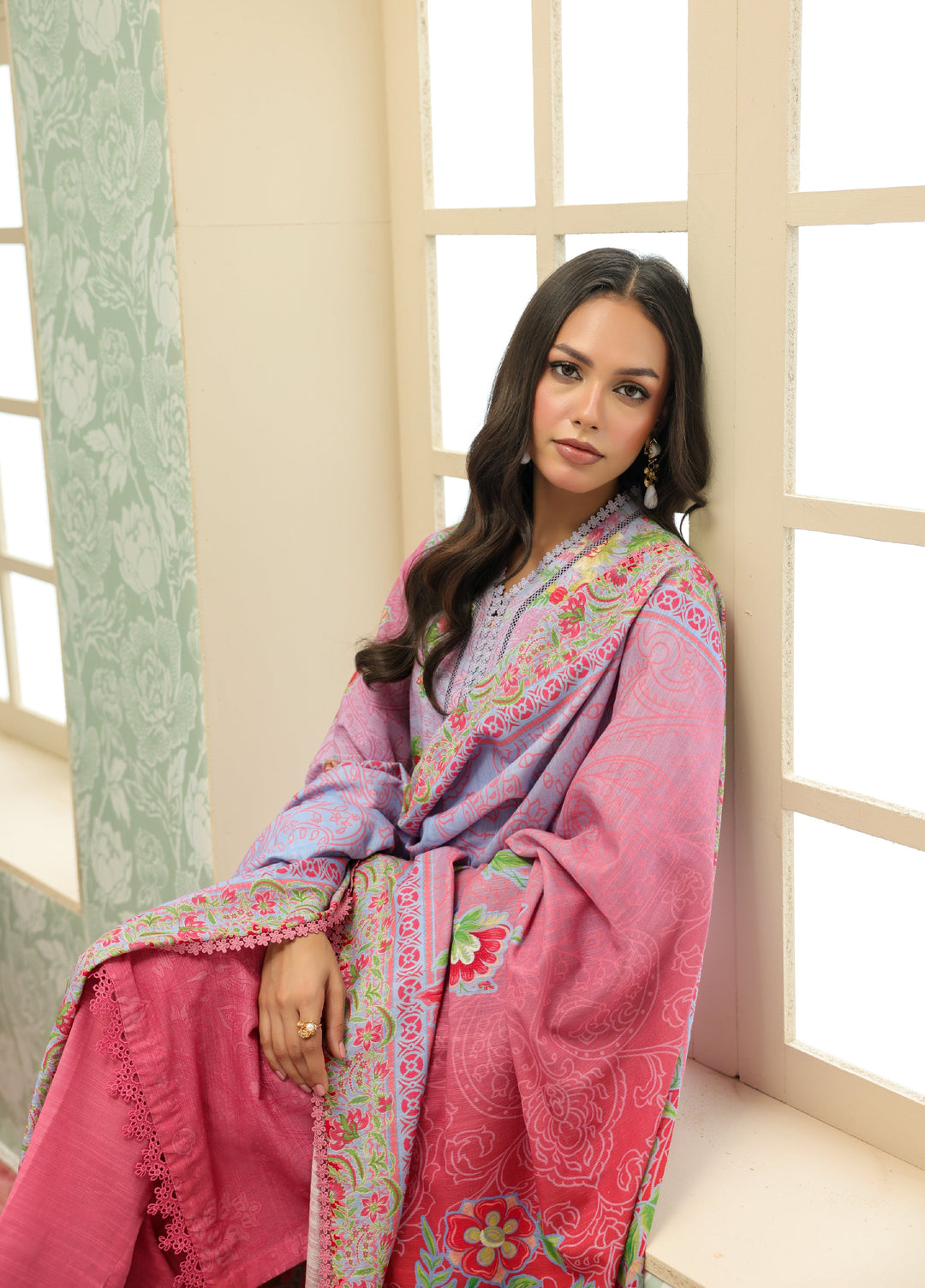 Sahar Printed Khaddar Suits Unstitched 3 Piece AW2-25-16 Sky Blush - Winter Collection