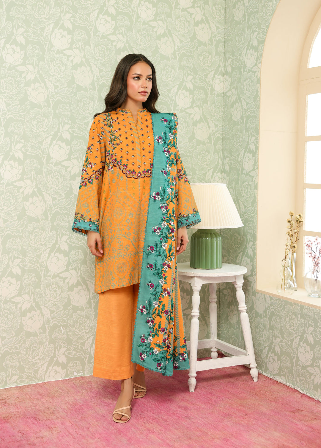 Sahar Printed Khaddar Suits Unstitched 3 Piece AW2-25-17 Sun Spice - Winter Collection