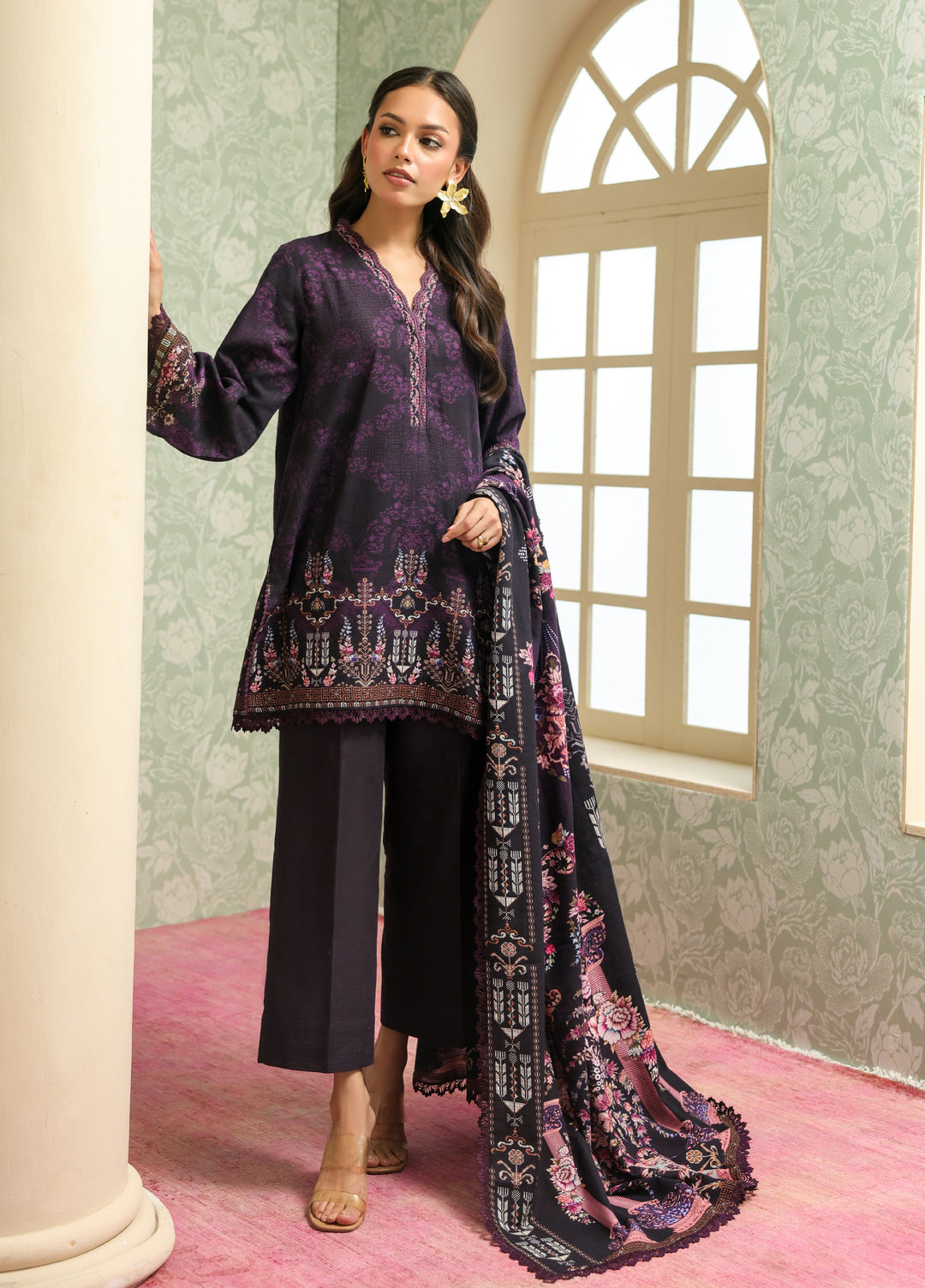 Sahar Printed Khaddar Suits Unstitched 3 Piece AW2-25-22 Plum Noir - Winter Collection