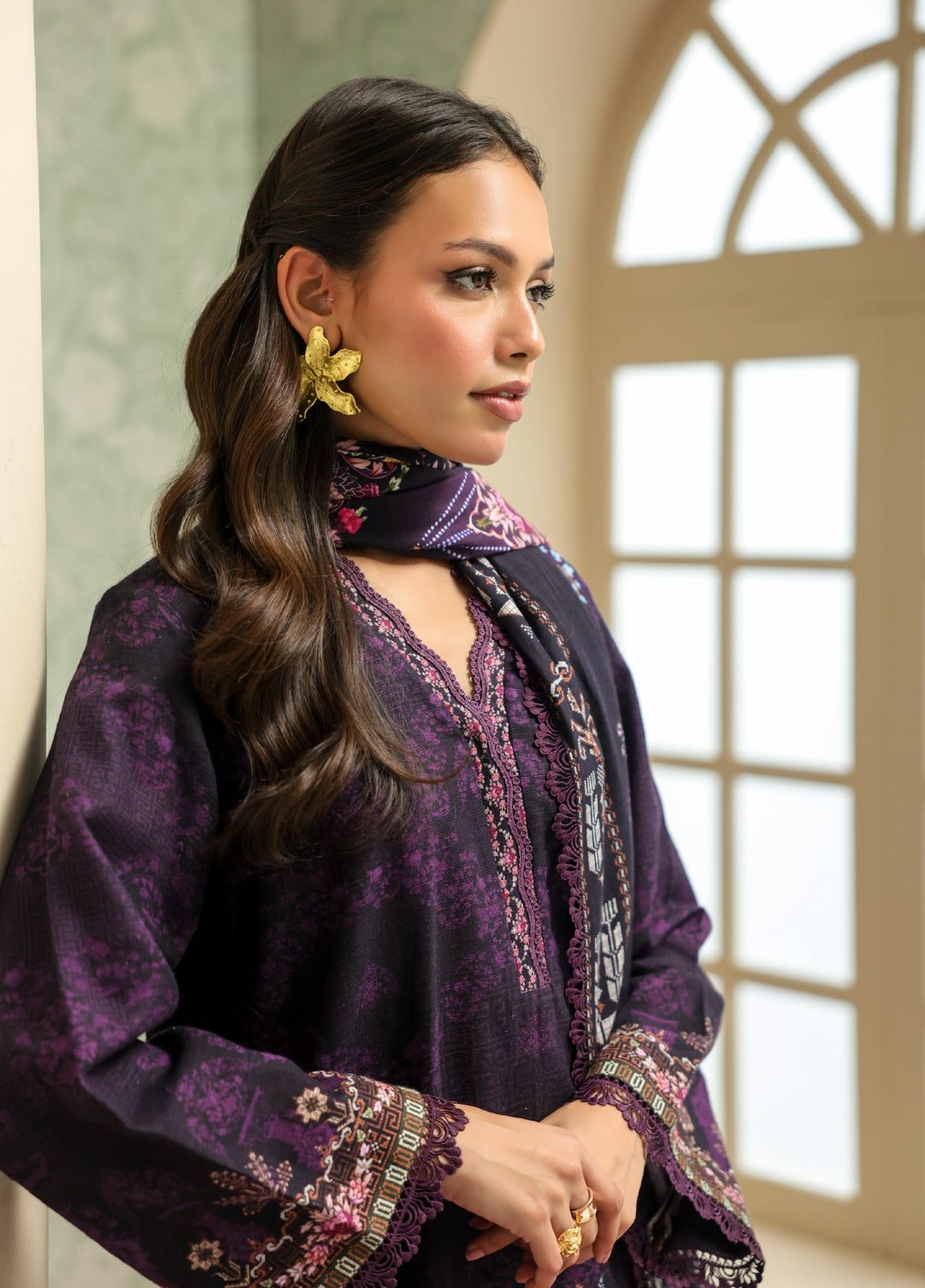 Sahar Printed Khaddar Suits Unstitched 3 Piece AW2-25-22 Plum Noir - Winter Collection