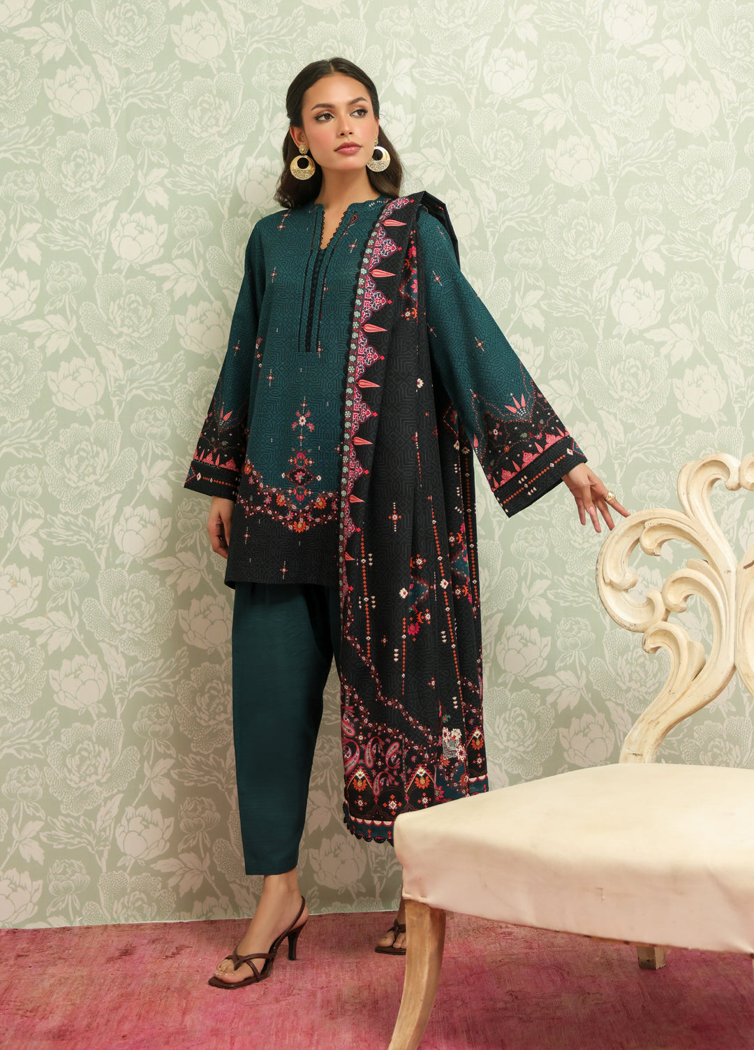 Sahar Printed Khaddar Suits Unstitched 3 Piece AW2-25-23 Obsidian Green - Winter Collection