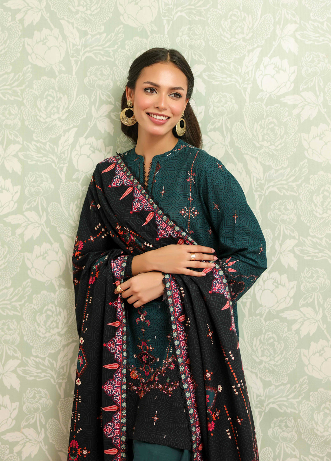 Sahar Printed Khaddar Suits Unstitched 3 Piece AW2-25-23 Obsidian Green - Winter Collection