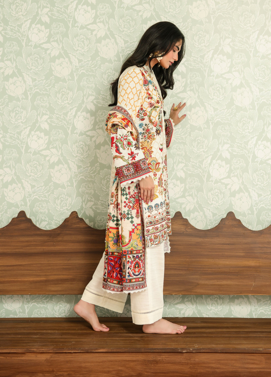 Sahar Printed Khaddar Suits Unstitched 3 Piece AW2-25-24 Ivory Camellia - Winter Collection
