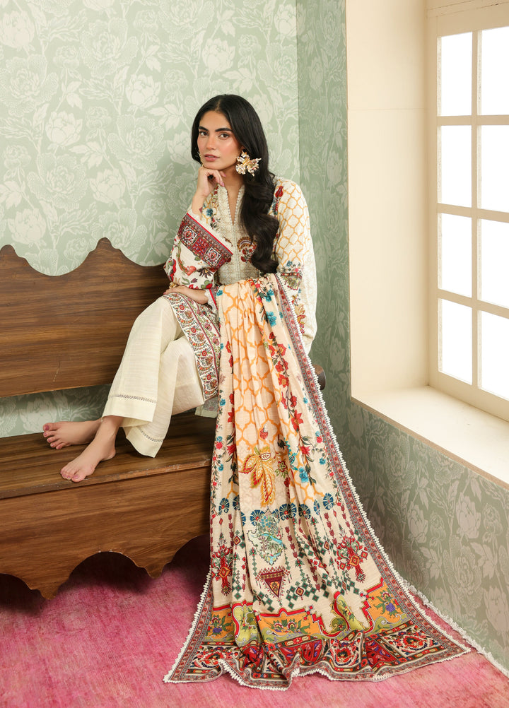 Sahar Printed Khaddar Suits Unstitched 3 Piece AW2-25-24 Ivory Camellia - Winter Collection