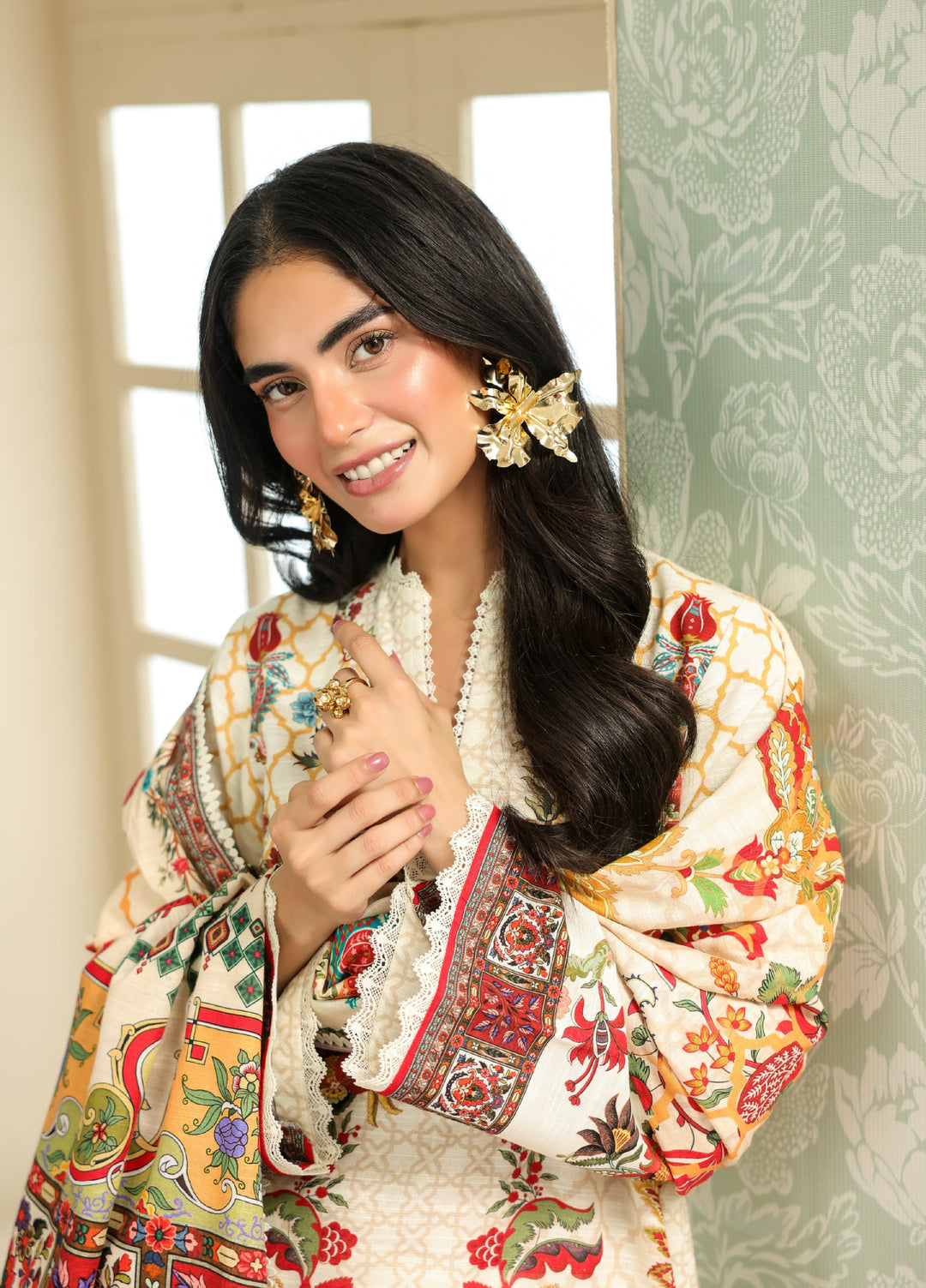 Sahar Printed Khaddar Suits Unstitched 3 Piece AW2-25-24 Ivory Camellia - Winter Collection