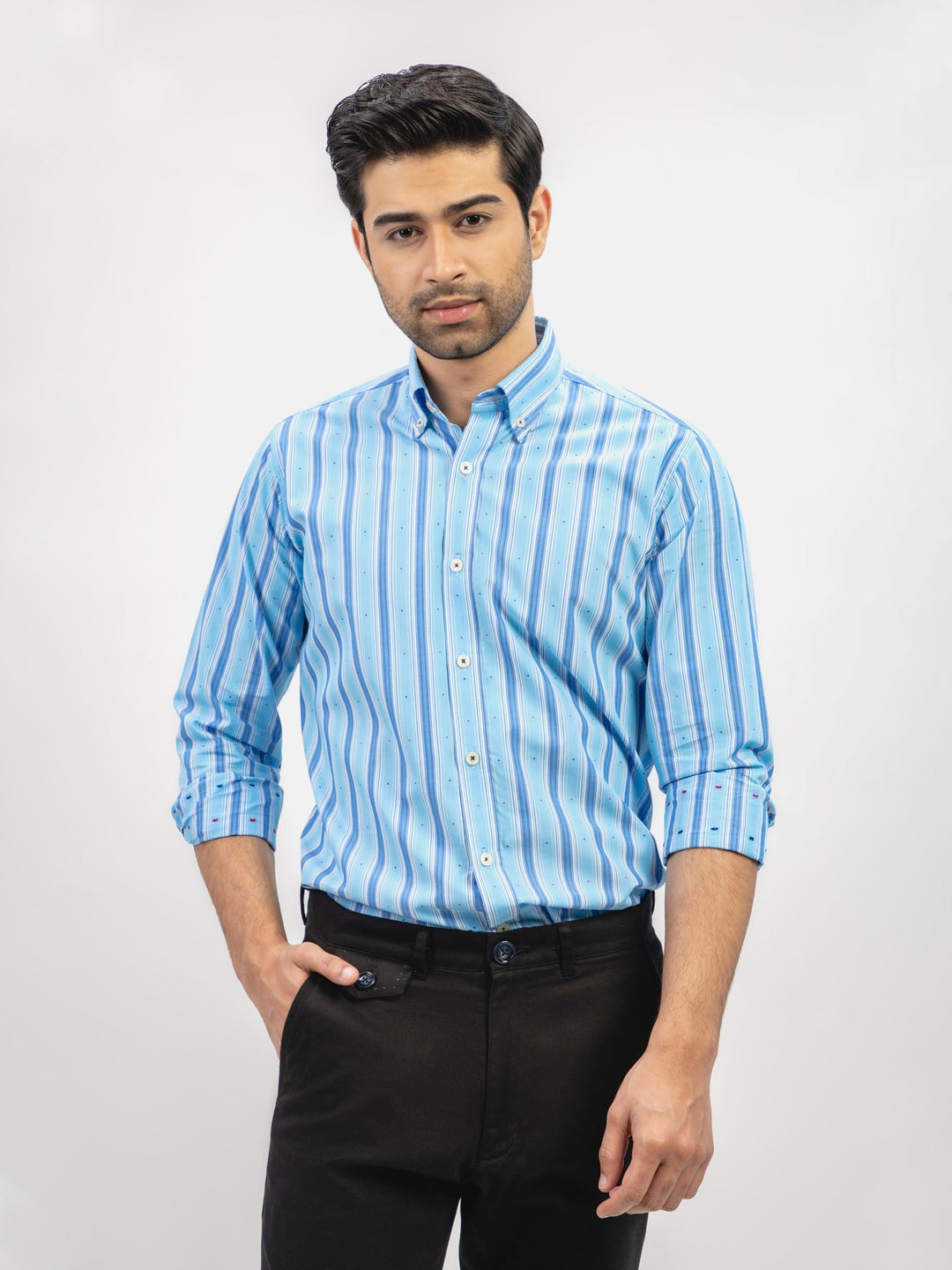 Brumano Mens RTW Solids Cotton Shirt Aqua Blue Striped Casual Collection
