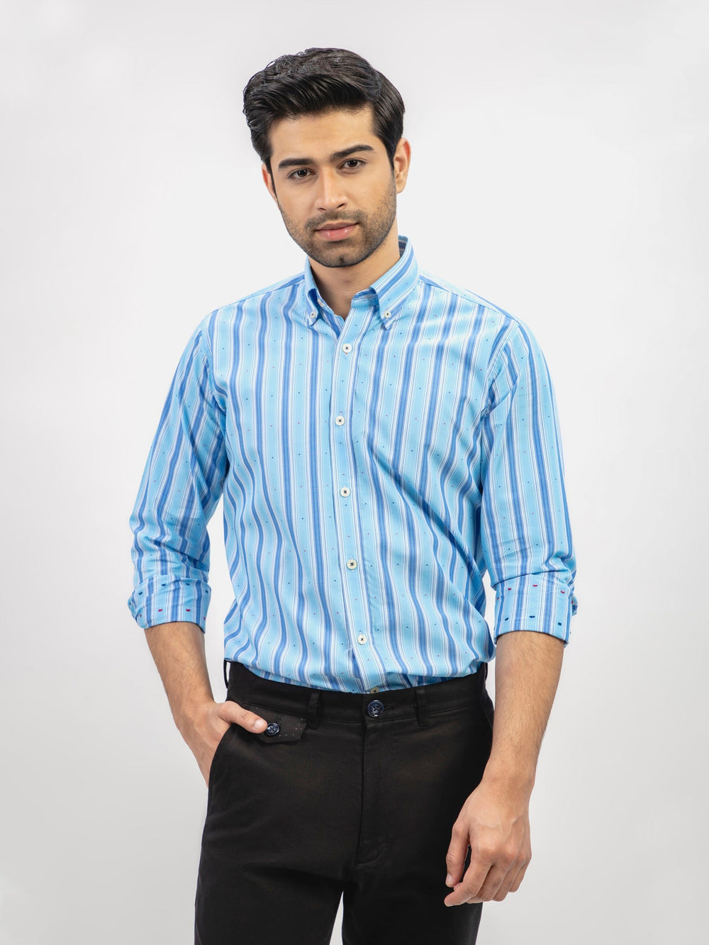 Brumano Ready To Wear Shirts Men 1 Piece Cotton Aqua Blue Striped Button Down Shirt 0-31-024-5073 - Summer Collection