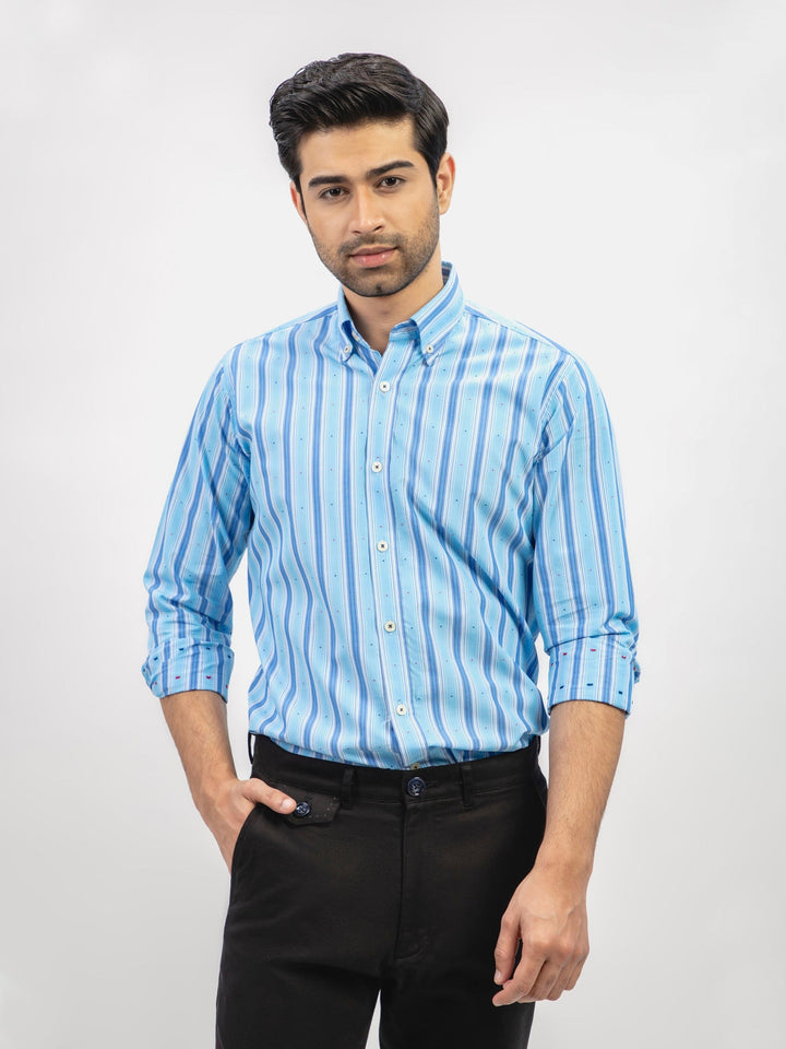Brumano Ready To Wear Shirts Men 1 Piece Cotton Aqua Blue Striped Button Down Shirt 0-31-024-5073 - Summer Collection
