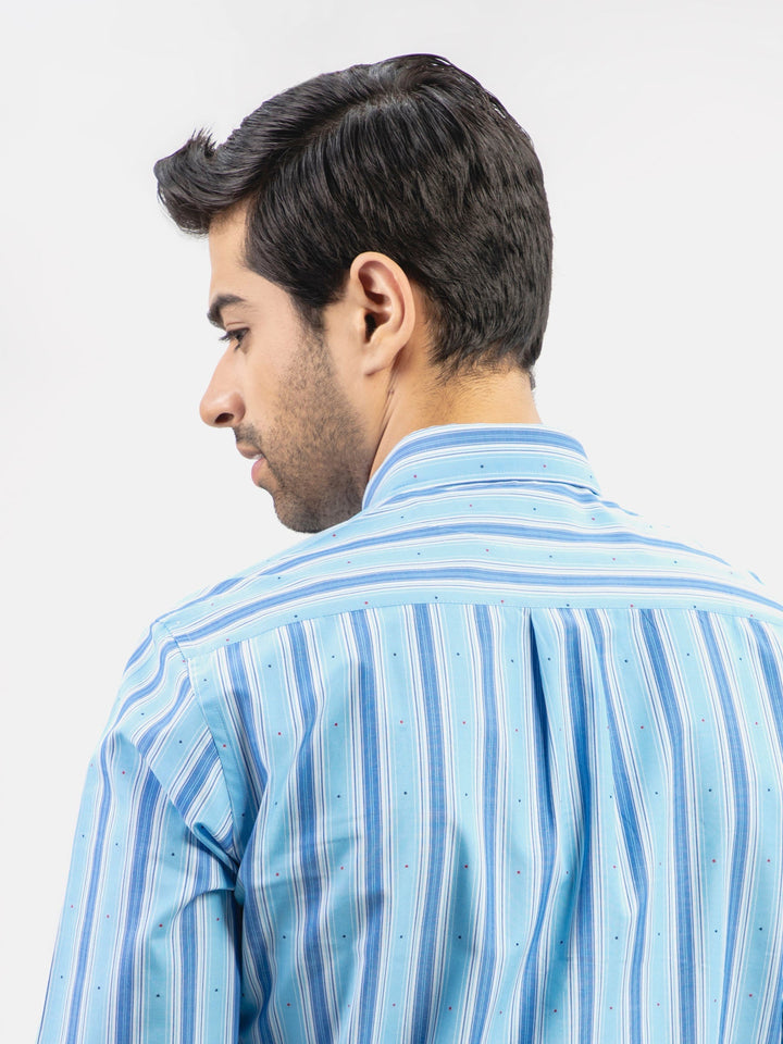 Brumano Ready To Wear Shirts Men 1 Piece Cotton Aqua Blue Striped Button Down Shirt 0-31-024-5073 - Summer Collection
