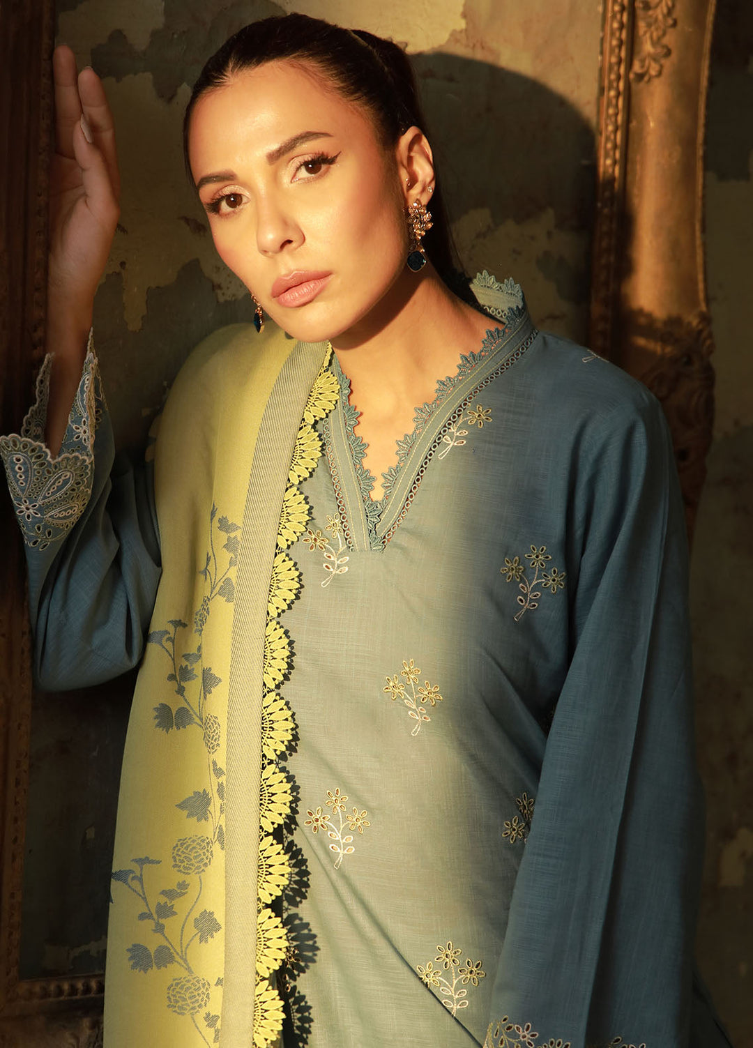 Sahar Embroidered Cross Hatch Suits Unstitched 3 Piece SHR25FU AW1-25-13 Aqua Meadow - Winter Collection