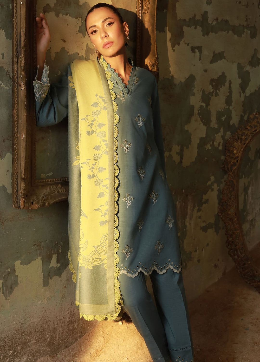 Sahar Embroidered Cross Hatch Suits Unstitched 3 Piece SHR25FU AW1-25-13 Aqua Meadow - Winter Collection