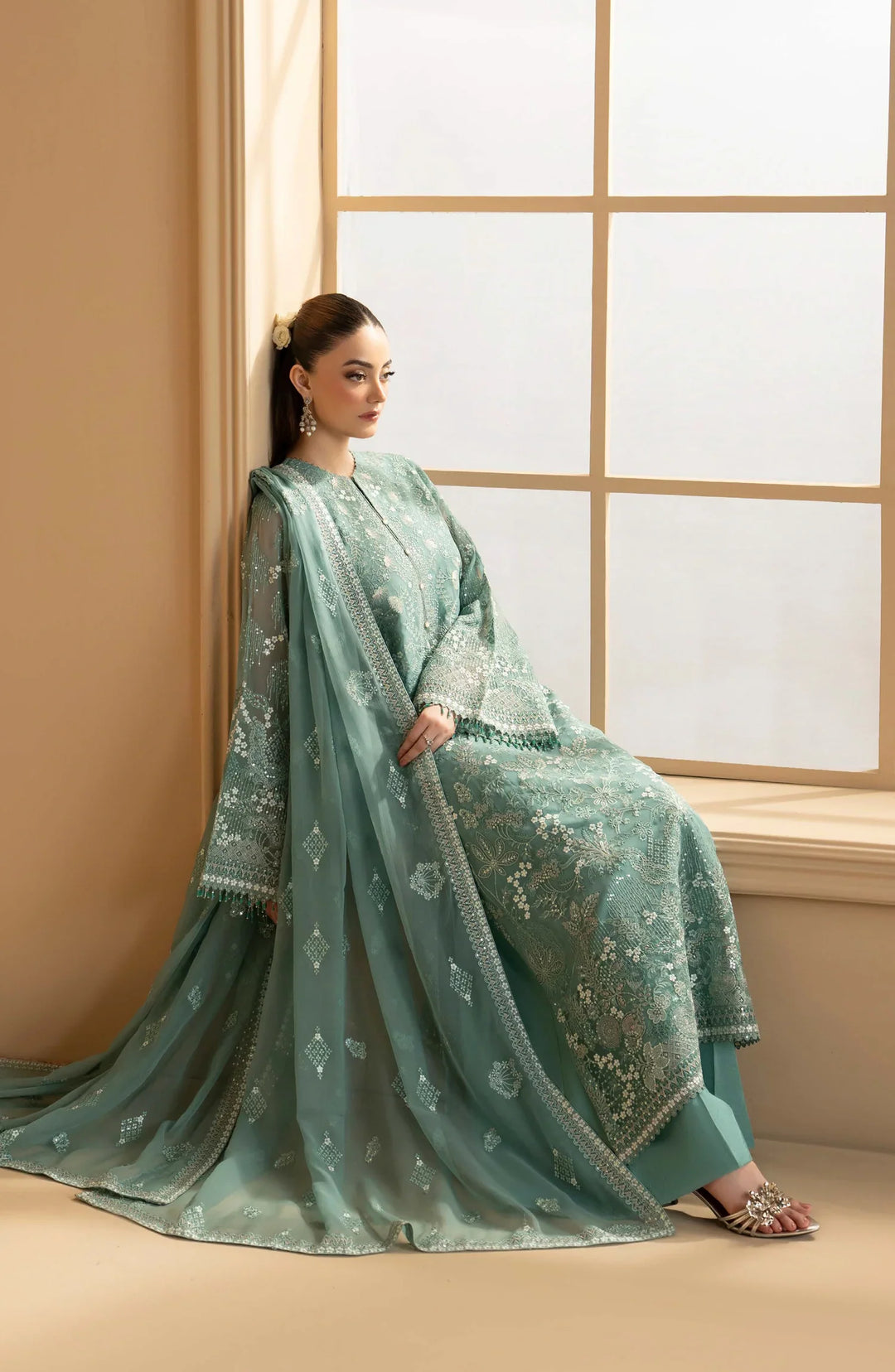 Purkashish by Lavish Premium Unstitched Embroidered Chiffon 3 Piece Suit LVP26UCP Aqua Mist D-06 - Wedding Collection
