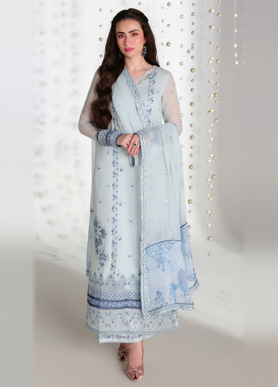 Ensembles by Azure Unstitched Embroidered Chiffon 3 Piece Suit AZ26UEF AQUARIA - Festive Collection
