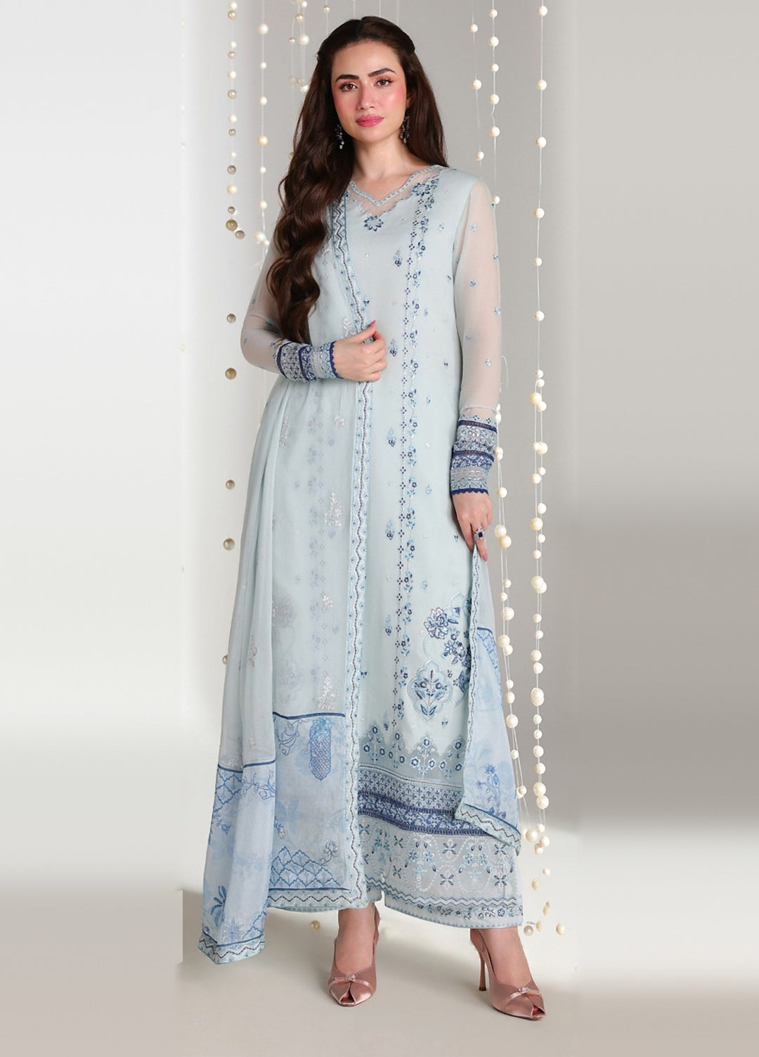 Ensembles by Azure Unstitched Embroidered Chiffon 3 Piece Suit AZ26UEF AQUARIA - Festive Collection