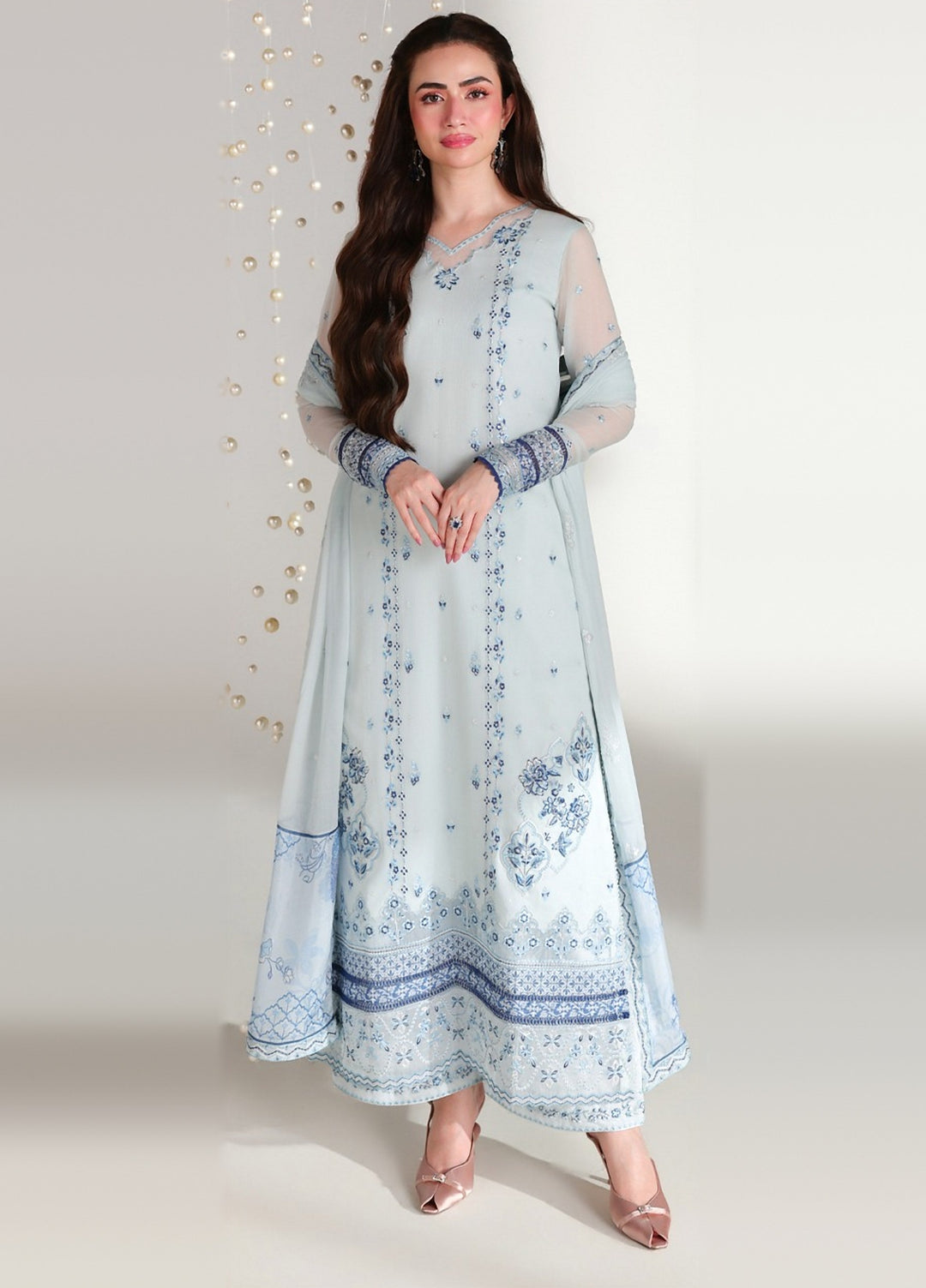 Ensembles by Azure Unstitched Embroidered Chiffon 3 Piece Suit AZ26UEF AQUARIA - Festive Collection